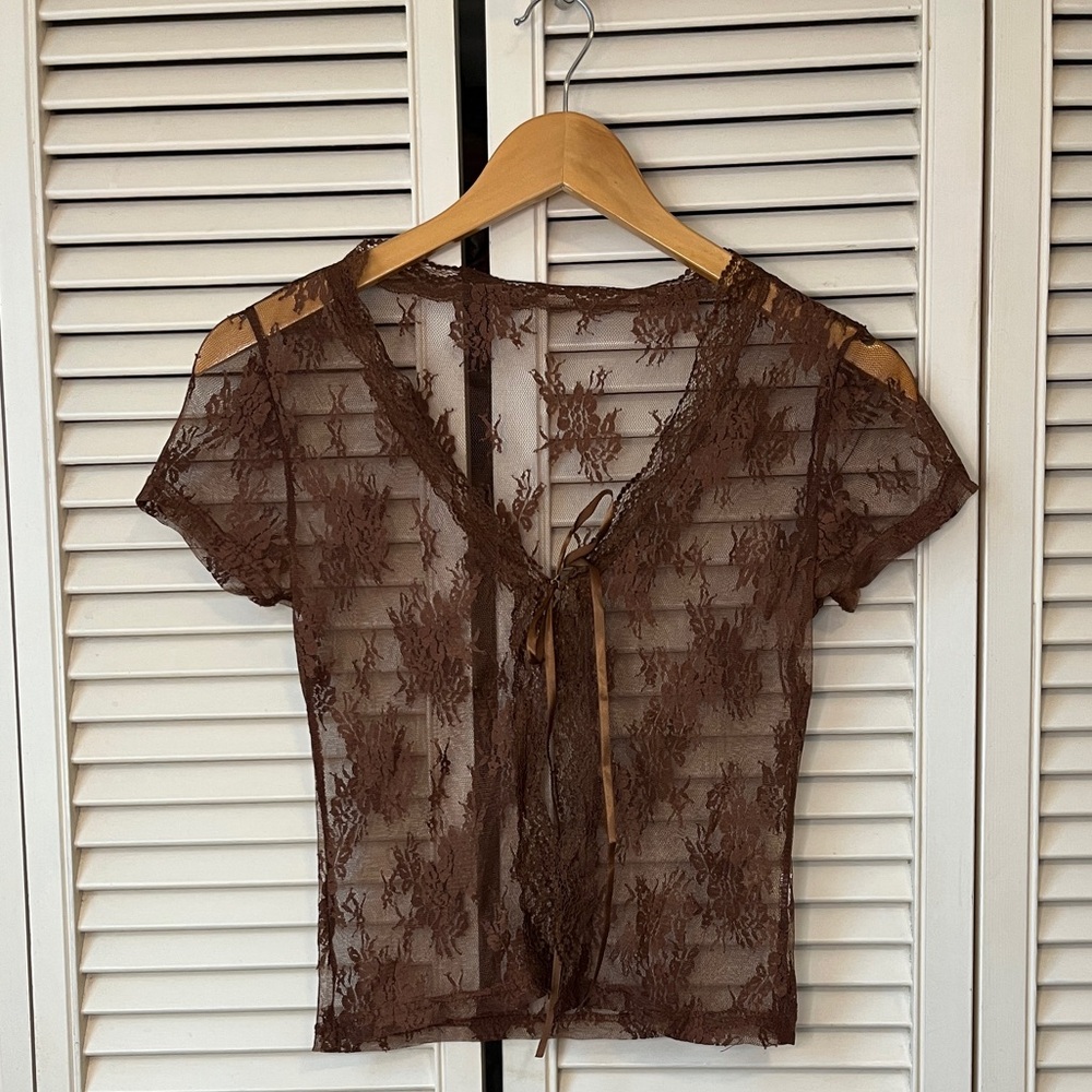 Brown Sheer Lace Tie-Front Top